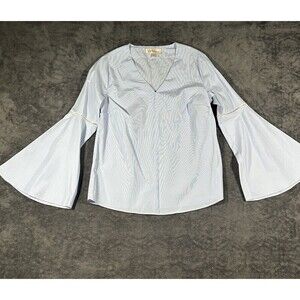 Philosophy  XS Blouse Tunic Blue White Pin Crochet Bell Sleeve Boho Artsy Resort